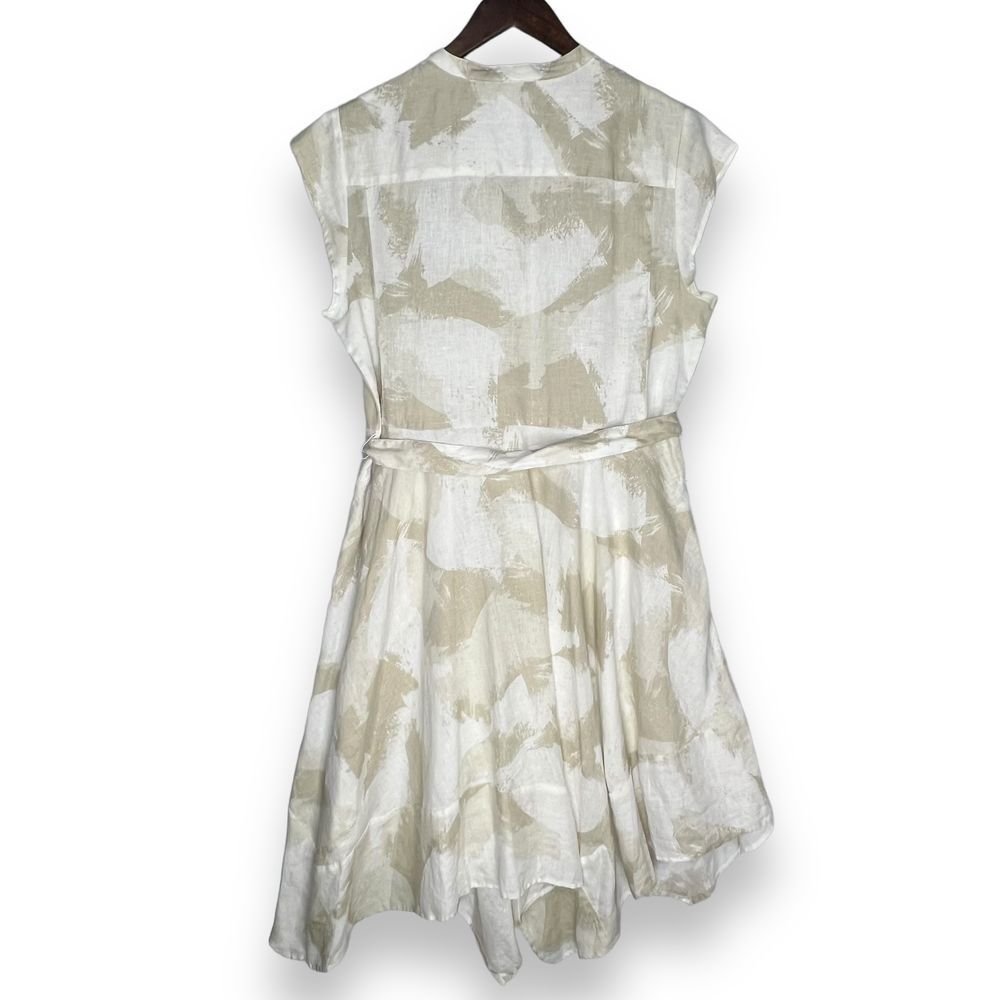 DKNY Dress Linen Tie Waist Beige White‎ Asymmetrical Hem Hidden Button Front 10 - Picture 3 of 14